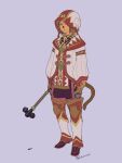  1girl 2017 arms_at_sides avatar_(ff11) blue_eyes brown_hair cat_tail closed_mouth dated final_fantasy final_fantasy_xi full_body hat highres holding holding_weapon long_sleeves looking_at_viewer mace mithra_(ff11) mittens no_eyebrows purple_background short_hair simple_background solo standing tail twitter_username weapon white_mage yuccoshi 