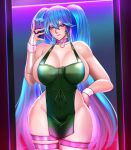  1girl apron badcompzero bare_shoulders blue_eyes blue_hair breasts bridal_gauntlets choker commentary cowboy_shot english_commentary eyeshadow highres holding holding_phone huge_breasts league_of_legends lipstick long_hair looking_at_viewer makeup naked_apron phone selfie single_bridal_gauntlet sleeveless solo sona_(league_of_legends) thigh_strap twintails very_long_hair wrist_cuffs 