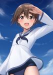  1girl blue_sailor_collar blue_sky blue_swimsuit brown_eyes brown_hair cloud day hair_between_eyes highres long_sleeves looking_at_viewer miyafuji_yoshika one-piece_swimsuit open_mouth sailor_collar school_swimsuit short_hair sky solo strike_witches swimsuit swimsuit_under_clothes thighs world_witches_series ym_(distance819) 