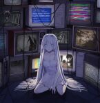  1girl absurdres bangs barefoot blank_room_soup blue_eyes blue_screen_of_death bright_pupils broken_glass broken_screen computer cpu crt dress glass highres long_hair nashiko_(nanaju_ko) original pleated_dress screen_light sitting solo static strap_slip television test_card the_ring very_long_hair white_dress white_hair white_pupils 