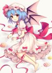  1girl :d absurdres ascot back_bow barefoot bat_wings bed_sheet blue_hair blush bow breasts brooch commentary_request dress dress_bow eyebrows_visible_through_hair eyelashes fang fingernails flower frilled_shirt_collar frilled_sleeves frills hat hat_ribbon highres jewelry leg_ribbon looking_at_viewer lying medium_breasts mob_cap on_side open_mouth petals pink_dress pink_flower puffy_short_sleeves puffy_sleeves red_bow red_eyes red_neckwear red_ribbon remilia_scarlet ribbon ruhika shiny shiny_hair short_hair short_sleeves simple_background skin_fang smile solo tongue touhou white_background wings wrist_cuffs yellow_flower 