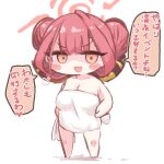  1girl aru_(blue_archive) blue_archive blush breasts chibi cleavage commentary_request double_bun eyelashes hair_between_eyes halo hand_on_hip looking_at_viewer open_mouth orange_eyes pink_hair ro_(aahnn) sketch towel translation_request 