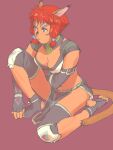  1girl animal_ear_fluff animal_ears avatar_(ff11) blue_eyes breasts cat_ears cat_girl cat_tail cleavage dark-skinned_female dark_skin elbow_gloves facial_mark final_fantasy final_fantasy_xi fingerless_gloves gloves grey_gloves hair_tubes highres loincloth medium_breasts mithra_(ff11) navel no_eyebrows purple_background red_hair short_hair simple_background solo tail toeless_footwear yuccoshi 