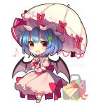  1girl :d amethyst_(gemstone) apple ascot back_bow bangs basket bat_wings blue_hair blush bow bread breasts cake chibi clover_hair_ornament commentary dot_nose dress_bow eyebrows_visible_through_hair eyelashes fang food fruit full_body hair_ornament hat hat_ribbon holding holding_umbrella looking_at_viewer mob_cap musical_note open_mouth parasol picnic_basket red_bow red_eyes red_neckwear red_ribbon remilia_scarlet ribbon ruhika shiny shiny_hair shoes short_hair simple_background smile standing touhou twitter_username umbrella umbrella_bow white_background white_footwear wings 