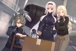  5girls aircraft blonde_hair bomber_jacket box breasts brown_hair brown_pants brown_shirt buttons dark_green_hair dutch_angle fairy_(kancolle) green_eyes grey_eyes hair_ribbon hangar headband highres himeyamato hornet_(kancolle) intrepid_(kancolle) jacket kantai_collection katsuragi_(kancolle) large_breasts life_vest long_hair multiple_girls pants pilot_suit ponytail red_headband ribbon shirt short_hair shoukaku_(kancolle) shoulder_boards small_breasts twintails uniform white_hair zuikaku_(kancolle) 