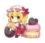  1girl bangs black_legwear blonde_hair blush bow chibi commentary_request crystal dot_nose doughnut english_text eyebrows_visible_through_hair eyelashes flandre_scarlet food frills full_body hat hat_bow hat_ribbon heart highres icing looking_at_viewer minigirl mob_cap multicolored_wings one_side_up oversized_object puffy_short_sleeves puffy_sleeves red_bow red_eyes red_footwear red_ribbon ribbon ruhika shiny shiny_hair short_hair short_sleeves side_ponytail simple_background smile solo sparkle sprinkles standing thighhighs touhou white_background wings wrist_cuffs 