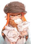  1girl bag bangs brown_headwear dumpling eating food hat head_tilt holding holding_bag holding_food inkling jacket long_hair orange_eyes orange_hair plaid plaid_scarf pointy_ears reaching_out scarf simple_background solo splatoon_(series) splatoon_1 tentacle_hair tona_bnkz twitter_username white_background white_jacket yellow_scarf 