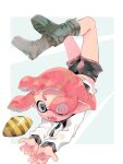  1girl bangs black_shorts border catching falling fangs from_above full_body grey_background grey_eyes grey_footwear highres inkling legs_up long_sleeves lying open_mouth pink_hair plum0o0 pointy_ears sailor_collar school_uniform seashell shell shirt shoes short_hair short_shorts shorts simple_background splatoon_(series) v-shaped_eyebrows white_background white_border white_shirt 