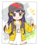 1girl bangs baseball_cap bebe_0620 black_hair blush_stickers buttons clenched_hands closed_mouth collarbone commentary_request dawn_(pokemon) dress eyelashes grey_eyes hair_ornament hairclip hands_up hat jacket long_hair looking_at_viewer notice_lines open_clothes open_jacket pokemon pokemon_(game) pokemon_bdsp sidelocks smile solo split_mouth white_dress yellow_jacket zipper_pull_tab 