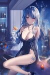 1girl bare_shoulders black_choker black_dress breasts choker cleavage cocktail_dress cocktail_glass collarbone cup dress drinking_glass elbow_gloves gloves grey_hair halter_dress halterneck hand_up highres holding holding_cup jewelry large_breasts long_hair looking_at_viewer necklace necomi no_bra no_panties original purple_eyes side_slit sleeveless sleeveless_dress smile solo spaghetti_strap thighs white_gloves wine_glass 