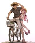  1boy 1girl :d aomine_daiki bicycle bicycle_basket blue_hair blue_shorts bottle breasts chinese_commentary dark-skinned_male dark_skin feet flip-flops full_body ground_vehicle hat kuroko_no_basuke long_hair looking_at_another momoi_satsuki pink_eyes pink_hair sandals shirt shirt_grab shoes short_hair short_sleeves shorts smile sneakers straw_hat water_bottle white_shirt xuan_zhi_yue_ying 