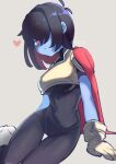  1girl antenna_hair armor bangs black_bodysuit black_hair blue_skin blush bodysuit boots breasts cape closed_mouth colored_skin commentary_request covered_navel deltarune genderswap genderswap_(otf) gloves grey_background hair_over_one_eye heart highres kris_(deltarune) looking_at_viewer medium_breasts red_cape red_eyes senjochi_janai short_hair simple_background sitting solo sweat twitter_username white_footwear 