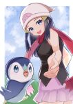  1girl :d bare_arms beanie cloud commentary_request dawn_(pokemon) day eyelashes grey_eyes hair_ornament hairclip hat highres homake looking_at_viewer open_mouth outdoors pink_skirt piplup pokemon pokemon_(creature) pokemon_(game) pokemon_dppt red_scarf scarf shirt skirt sky sleeveless sleeveless_shirt smile teeth tongue upper_teeth white_headwear 
