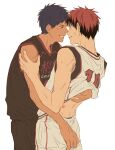  2boys aomine_daiki ass_grab assisted_exposure basketball_uniform blue_hair chinese_commentary dark-skinned_male dark_skin face-to-face grin hickey kagami_taiga kuroko_no_basuke male_focus multiple_boys red_hair short_hair shorts simple_background smile sportswear sweatdrop toned toned_male undressing_another white_background xuan_zhi_yue_ying yaoi 
