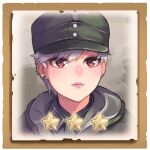  1girl bangs closed_mouth commentary company_of_heroes earrings german_army green_headwear hat jewelry lips looking_at_viewer lowres military military_coat military_hat military_uniform original purple_hair red_eyes short_hair smile solo star_(symbol) uniform world_war_ii zhainan_s-jun 
