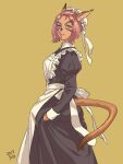  1girl 2017 animal_ears apron avatar_(ff11) black_dress cat_ears cat_girl cat_tail closed_mouth collared_dress commentary_request dark-skinned_female dark_skin dated dress facial_mark final_fantasy final_fantasy_xi grey_eyes hat juliet_sleeves long_sleeves maid maid_apron mithra_(ff11) mob_cap pink_hair puffy_sleeves short_hair solo tail white_apron white_headwear yellow_background yuccoshi 