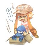  &gt;_&lt; angry animal black_shorts box cabbie_hat cardboard_box fangs full_body hat holding holding_animal inkling long_hair long_sleeves looking_at_another looking_down on_floor open_mouth orange_eyes orange_hair orange_headwear pink_shirt pointy_ears shirt shorts simple_background sitting speech_bubble splatoon_(series) squid striped striped_headwear striped_shirt sweat tentacle_hair tona_bnkz v-shaped_eyebrows white_background white_shirt 
