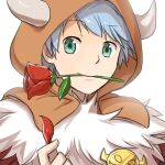  1boy bangs blue_hair brown_hood closed_mouth commentary_request eyebrows_visible_through_hair fake_horns flower flower_in_mouth fur_collar green_eyes holding holding_petal hood horned_hood horns looking_at_viewer male_focus mouth_hold natsuya_(kuttuki) petals ragnarok_online red_flower rose shadow_chaser_(ragnarok_online) short_hair simple_background smile smiley_face solo upper_body white_background 