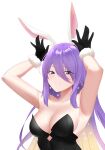  1girl animal_ear_fluff animal_ears armpits arms_up aurapls bare_arms bare_shoulders black_gloves black_leotard blonde_hair breasts bunny_pose cleavage commentary cosplay english_commentary fake_animal_ears gloves gradient_hair hair_between_eyes hairband hands_up highres hololive hololive_indonesia leotard long_hair looking_at_viewer medium_breasts moona_hoshinova multicolored_hair playboy_bunny purple_eyes purple_hair rabbit_ears simple_background smile solo strapless strapless_leotard upper_body usada_pekora usada_pekora_(cosplay) virtual_youtuber white_background 