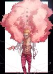  1boy blonde_hair commentary donquixote_doflamingo fur_coat grin hand_up highres long_sleeves male_focus mirin_(coene65) one_piece open_clothes open_shirt pink_coat simple_background smile solo string sunglasses translated 