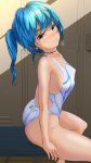  1girl aigami_kaon arched_back blue_hair breasts commentary_request competition_swimsuit covered_nipples cowboy_shot garter-velvet highres locker long_hair looking_at_viewer medium_breasts one-piece_swimsuit original ponytail sitting solo swimsuit white_swimsuit 