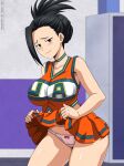  1girl absurdres bangs bare_shoulders black_eyes black_hair blush boku_no_hero_academia bow bow_panties breasts cheerleader choker clothes_lift crop_top hair_pulled_back highres large_breasts lifted_by_self looking_at_viewer orange_skirt panties pink_panties ponytail sano_br short_hair skirt skirt_lift sleeveless smile u.a._cheerleader_uniform underwear yaoyorozu_momo 