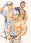  3boys abs adjusting_clothes adjusting_headwear anchor bara bare_pectorals beard belt black_belt blue_eyes brown_hair chain chest_hair cropped_legs dark-skinned_male dark_skin eyepatch facial_hair frown graphite_(medium) grey_shirt hat highres jewelry large_pectorals looking_at_viewer male_focus mature_male multiple_boys muscular muscular_male navel necklace nipples open_clothes open_shirt original pectoral_cleavage pectorals pirate sailor sailor_collar sailor_hat sailor_shirt saolin_(wudangx) shirt short_hair stomach striped striped_shirt thick_eyebrows torn_clothes torn_shirt traditional_media 
