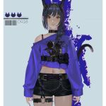  1girl absurdres animal_ears asymmetrical_clothes bangs barcode belt black_hair black_shorts braid brown_eyes cat_ears cat_tail chain clenched_teeth collar collarbone cowboy_shot extra_ears fingernails highres long_hair midriff navel original pillarboxed purple_nails shorts solo tail taut_clothes taut_shorts teeth thigh_strap wowmoto2 