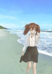  1girl bangs barefoot beach black_skirt brown_eyes brown_footwear brown_hair cloud commentary_request day footprints hair_between_eyes hair_ribbon hand_in_hair holding holding_shoes jewelry kantai_collection long_hair long_sleeves magatama magatama_necklace mountain necklace nito_(nshtntr) ocean outdoors pleated_skirt ribbon ryuujou_(kancolle) shirt shoes shoes_removed skirt sky solo suspender_skirt suspenders twintails walking water white_shirt 