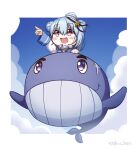  1girl blue_hair blue_sky blue_whale brown_eyes chibi cloud dixie_cup_hat double_bun flying hat kantai_collection little_blue_whale_(kancolle) long_sleeves military_hat navy_cross roshi_chen samuel_b._roberts_(kancolle) shirt short_hair sky whale white_shirt 
