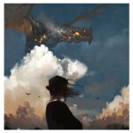  1girl absurdres animal bird blurry blurry_foreground border cloud cloudy_sky commentary dragon glowing glowing_eye highres kalmahul original scenery short_hair sky white_border wings 