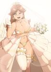 1girl bra brown_hair crown eyebrows_visible_through_hair federico_iglesias feet_out_of_frame flower frilled_bra frilled_legwear frilled_panties frills gloves hands_up highres holding holding_flower leaf long_hair mario_(series) navel one_eye_closed panties princess_daisy print_bra signature solo thighhighs underwear underwear_only veil white_flower white_gloves white_legwear yellow_panties 