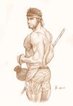  1boy arm_hair ass back bara beard brown_theme chest_hair cropped_legs facial_hair from_behind frown graphite_(medium) hairy headband highres holding holding_polearm holding_weapon large_pectorals leg_hair looking_at_viewer male_focus mature_male monochrome muscular muscular_male navel_hair nipples original pectorals polearm saolin_(wudangx) short_hair shorts solo spiked_hair thighs topless_male traditional_media weapon 