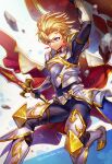  1boy armor blonde_hair blue_eyes boots breastplate cape commentary_request earrings faulds glint highres holding holding_sword holding_weapon hotaruika_niji jewelry male_focus megido72 pants rock sabnock_(megido72) shirt short_hair simple_background smile solo sword weapon wind wind_lift 