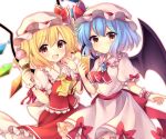  2girls :d :o absurdres ascot back_bow bangs barefoot bat_wings blue_hair blush bow brooch buttons center_frills commentary_request crystal cup dress dress_bow drinking_glass drinking_straw eyebrows_visible_through_hair eyelashes fang fingernails flandre_scarlet food frilled_shirt_collar frilled_skirt frills fruit hat hat_ribbon highres ice_cream_cone jewelry looking_at_viewer mob_cap multiple_girls one_eye_closed one_side_up open_mouth orange_(fruit) orange_juice orange_slice pink_dress pink_headwear puffy_short_sleeves puffy_sleeves red_eyes red_neckwear red_sash red_skirt red_vest remilia_scarlet ribbon ruhika sash shiny shiny_hair shirt short_hair short_sleeves siblings side_ponytail simple_background sisters skirt slit_pupils smile touhou upper_body vest white_background white_shirt wings wrist_cuffs 