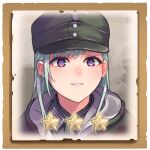  1girl bangs camouflage commentary company_of_heroes earrings german_army green_hair green_headwear grin hat jewelry long_hair looking_at_viewer lowres military military_coat military_hat military_uniform original purple_eyes single_earring smile solo star_(symbol) teeth uniform zhainan_s-jun 