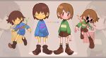  2others bangs blue_shorts blush_stickers brown_footwear brown_hair brown_shorts chara_(undertale) closed_mouth commentary_request frisk_(undertale) heart highres holding holding_knife holding_stick knife long_sleeves messy_hair multiple_others multiple_tails open_mouth senjochi_janai shirt shorts simple_background smile socks stick striped striped_shirt tail twitter_username undertale white_legwear 