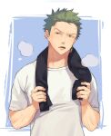  1boy black_towel earrings green_hair holding holding_towel jewelry looking_at_viewer male_focus narrowed_eyes one_piece open_mouth roronoa_zoro shironegi_zzz shirt short_hair sideburns simple_background single_earring solo sweat towel towel_around_neck upper_body white_shirt 