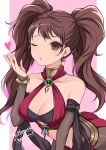  1girl bangs banned_artist bare_shoulders breasts bridal_gauntlets brooch brown_eyes brown_hair commentary_request cosplay dorothea_arnault dorothea_arnault_(cosplay) earrings elbow_gloves fire_emblem fire_emblem:_three_houses fire_emblem_heroes gloves heart highres jewelry kujikawa_rise leaning_forward long_hair looking_at_viewer medium_breasts midriff one_eye_closed persona persona_4 shimizu_akina solo twintails upper_body 