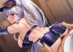  1boy 1girl absurdres ass azur_lane back_cutout bare_shoulders bent_over blush breasts buttjob censored clothes_lift clothing_cutout detached_sleeves dress elbow_gloves enterprise_(azur_lane) enterprise_(wind_catcher)_(azur_lane) erection from_behind glasses gloves hanging_breasts hat hetero highres large_breasts leaning_forward looking_back momo_no_sukebe mosaic_censoring official_alternate_costume penis penis_under_another&#039;s_clothes ponytail purple_eyes sexually_suggestive skin_tight skindentation skirt skirt_lift sleeveless sleeveless_dress thigh_grab thighs white_hair 