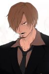  1boy absurdres blonde_hair cigarette facial_hair formal goatee hair_over_one_eye highres male_focus necktie one_piece open_mouth quana sanji smoking solo suit sweat white_background 