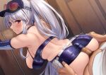  1boy 1girl absurdres ass azur_lane back_cutout bare_shoulders bent_over blush breasts buttjob censored clothes_lift clothing_cutout detached_sleeves dress elbow_gloves enterprise_(azur_lane) enterprise_(wind_catcher)_(azur_lane) erection from_behind glasses gloves hanging_breasts hat hetero highres large_breasts leaning_forward looking_back momo_no_sukebe mosaic_censoring official_alternate_costume penis penis_under_another&#039;s_clothes ponytail purple_eyes sexually_suggestive skin_tight skindentation skirt skirt_lift sleeveless sleeveless_dress thigh_grab thighs white_hair 