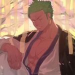  1boy absurdres bara black_eyes cherry_blossoms coat coat_on_shoulders earrings green_hair highres japanese_clothes jewelry kimono looking_at_viewer male_focus mouth_hold muscular muscular_male one_piece pectoral_cleavage pectorals quana roronoa_zoro scar scar_across_eye short_hair solo stalk_in_mouth topknot 