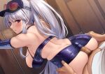  1boy 1girl absurdres ass azur_lane back_cutout bare_shoulders bent_over blush breasts buttjob censored clothes_lift clothing_cutout detached_sleeves dress elbow_gloves enterprise_(anniversary_ride)_(azur_lane) enterprise_(azur_lane) erection from_behind glasses gloves hanging_breasts hat hetero highres large_breasts leaning_forward looking_back momo_no_sukebe mosaic_censoring official_alternate_costume penis penis_under_another&#039;s_clothes ponytail purple_eyes skin_tight skindentation skirt skirt_lift sleeveless sleeveless_dress solo_focus thigh_grab thighs white_hair 