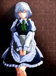  1girl :| against_wall ahoge apron arm_garter bangs blue_dress blue_eyes blush bow braid breasts brick_wall closed_mouth collared_shirt commentary_request dress expressionless eyebrows_visible_through_hair green_neckwear green_ribbon hair_between_eyes hair_ribbon highres holding holding_tray izayoi_sakuya large_breasts lips long_sleeves looking_at_viewer maid maid_apron maid_headdress ribbon sash shirt short_hair solo standing tatsuya_(guild_plus) touhou tray tress_ribbon twin_braids upper_body white_sash white_shirt wrist_cuffs 