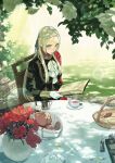  1girl aiguillette ascot basket blonde_hair blue_eyes book cape chair commentary cookie cup edelgard_von_hresvelg english_commentary fire_emblem fire_emblem:_three_houses flower food garden garreg_mach_monastery_uniform gloves hair_ribbon half_updo highres holding holding_book leaf light_blush long_hair mueririko open_book outdoors red_cape red_flower ribbon sidelocks sitting solo stuffed_animal stuffed_toy sugar_cube table tablecloth teacup teaspoon teddy_bear vase white_ascot white_gloves 