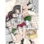  3girls akatsuki_kirika armpit_peek artist_request black_hair blonde_hair blue_eyes blush breasts green_eyes green_shorts gym_uniform hair_ornament hair_ribbon kohinata_miku long_hair looking_at_viewer multiple_girls navel official_art one_eye_closed open_mouth red_shorts ribbon senki_zesshou_symphogear senki_zesshou_symphogear_xd_unlimited shiny shiny_hair short_hair shorts small_breasts tsukuyomi_shirabe x_hair_ornament 