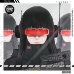  3girls absurdres artist_name bangs barcode black_hair black_jacket border closed_mouth commentary english_commentary facing_viewer gharliera1 glowing headset highres holding holding_weapon jacket long_hair multiple_girls original portrait red_goggles sign solo_focus the_girls_of_armament translation_request warning_sign weapon white_border 
