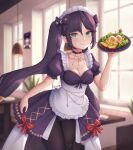  1girl absurdres apron black_legwear blue_eyes blush bow breasts choker cleavage dress egg food genshin_impact hair_bow highres indoors leaning_forward lesu looking_at_viewer maid maid_apron maid_headdress medium_breasts mona_(genshin_impact) no_hat no_headwear pantyhose plate puffy_short_sleeves puffy_sleeves purple_hair salad short_sleeves smile sweatdrop twintails window 