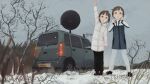  2girls arm_up bare_tree brown_hair car clip_studio_paint_(medium) commentary ground_vehicle highres jacket looking_at_viewer motor_vehicle multiple_girls open_mouth original outdoors pants radio_antenna russian_commentary satellite_dish servachok short_hair snow standing tree winter 